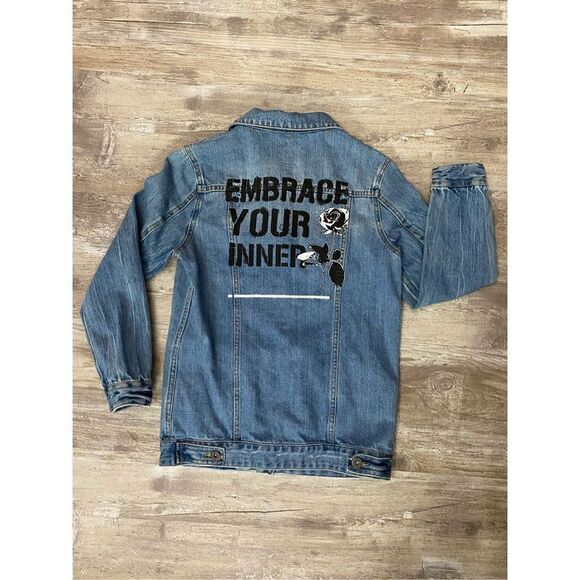 Art of Class Jean Jacket Denim Embrace Your Inner Flower Girls Size L 10/12 - Picture 1 of 6